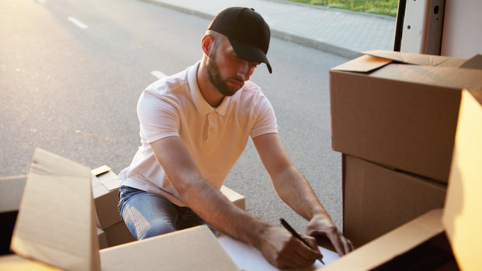 A man seated amid an arrangement of cardboard boxes inside a property, preparing for a home relocation. The boxes vary in size, some sealed with packing tape, and one features a red 'FRAGILE' sticker, indicating careful handling. The man, wearing a dark red T-shirt and orange pants, is looking directly at the camera while holding an open box. Behind him, additional boxes are stacked, with some placed on the floor and others on a surface. The environment is well-lit with natural or staged lighting. The image captures the process of packing and organizing belongings as part of furniture transport or a household move, illustrating the detailed loading process involved in removals services provided by Removal Companies Harrow. The setting outside of the boxes appears to be inside a residential property, emphasizing the packing phase of home relocation, reflecting professional removals procedures and logistics.